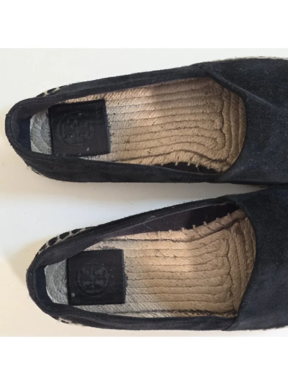Tory Burch Espadrille Flats Shoes Women 8M Black Suede Leather Cap Toe Double T